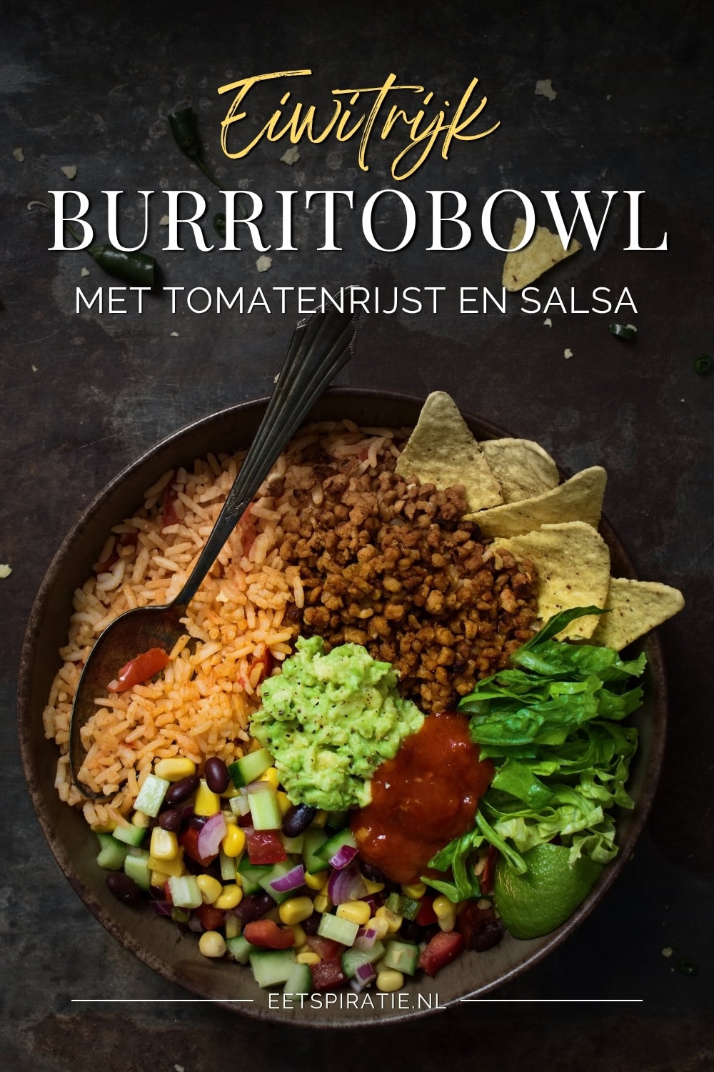 Eiwitrijke burritobowl met tomatenrijst en salsa Pinterest