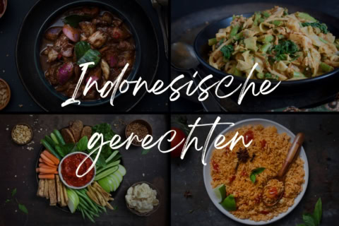 4 Indonesische gerechten en tekst op de foto: Indonesische gerechten