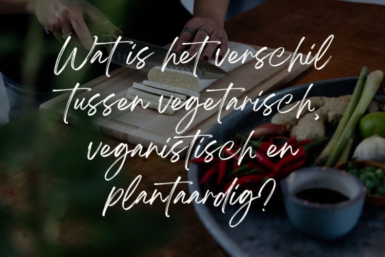 Persoon snijdt tempeh op een houten plank naast verse groenten, pepers en een kommetje saus. Over de foto staat: โWat is het verschil tussen vegetarisch, veganistisch en plantaardig?โ